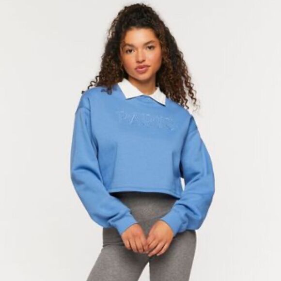 F21 S Light Blue White Collared PARIS Graphic Cropped Fleece Pullover - Picture 2 of 15